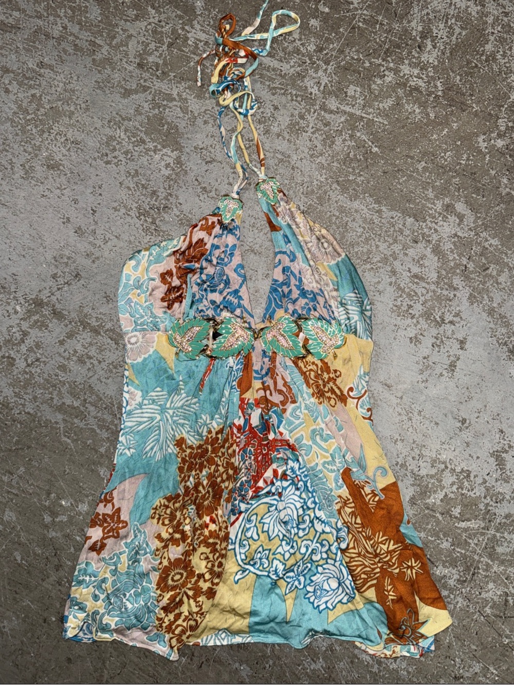 Sky Multicolor Halter Patchwork Print Tank Top in Teal, Brown & Yellow